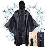 Brandery Regenponcho Herren & Damen - Durchgezogener Reissverschluss für Trockenes An- und Ausziehen - Mit Zwei Wasserdichten Taschen - Fahrrad Regencape 100% wasserdicht (Schwarz, L/XL)