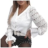 Bellelhot Frauen Elegant Hohle Spitze Stickerei Hemd Oberteile Sexy Lang Flare Sleeve V-Ausschnitt Knopf Lace Shirt Bluse Damen Retro Slim Fit Volltonfarbe Tops T-S