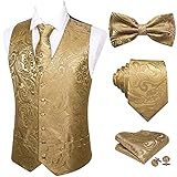 Barry.Wang Herren Paisley V-Ausschnitt Anzug Weste Formal/Freizeit Seide Jacquard Weste Krawatte Set 5-teilig, Gold Flower A, XXX-Larg