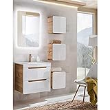 Lomadox Badezimmermöbel Set Hochglanz weiß mit Wotaneiche, Waschtisch mit 60cm Unterschrank & LED-Spiegel, 3 Hängeschränk