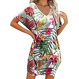 Blusenkleid Damen Blumendruck Minikleid Sommerkleid V-Ausschnitt Kurzarm Kleider Pullikleid lässige Party Kleider Strandkleid Elegant Lose Damenkleid Streetkleid Urlaub Festkleid mit T