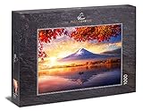 Ulmer Puzzleschmiede - Puzzle „Kawaguchiko am Fuji“ - Klassisches 1000 Teile Puzzle – Landschafts-Motiv mit dem Berg Fujijama im Spiegel des herbstlichen Kawaguchiko-See, Jap