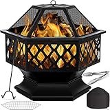 KESSER® Feuerschale mit Grillrost Ø 62 Multifunktional Fire Pit für Heizung/BBQ Grill, Schürhaken & Kohlerost, Garten Terrasse Feuerschale, Metall Feuerstelle mit Schutzhülle Funkenschutz, Sechsk