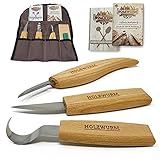HOLZWURM Holz Schnitzmesser-Set inkl. Tasche, Anleitung und Vorlagen, ideales Schnitzwerkzeug-Set zum Lö