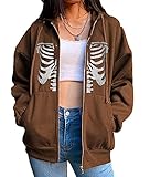 Y2K Damen-Kapuzenjacke mit Reißverschluss, lockerer Schnitt, mit Reißverschluss, B-braun, 38