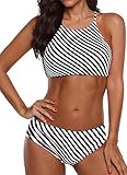 EUDOLAH Böhmische Neckholder Strand Bikini Set Trägerlos Beachwear Bademode (XXX-Large, Schwarz Streifen)