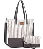 Myhozee Handtaschen Damen Groß Canvas 2 Sets - Schultertasche Shopper Tasche mit Einer Portmonee Klein Weiß