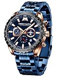 MEGALITH Herrenuhr Blau Chronographen Herren Armbanduhr Edelstahl Wasserdicht Uhren fur Männer Großes Designer Leuchtende Analog D