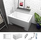 ECOLAM Badewanne Capri Mini kleine Wanne Rechteck Acryl weiß 100x70 cm + Schürze Ablaufgarnitur Ab- und Überlauf Automatik Füße Silikon Komplett-S