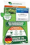 TESTSIEGER Premium Bio Rasendünger 20kg Mykorrhiza aus Deutschland–100% Pflanzlich - Frühling & Sommer-Organischer Dünger NPK 8+1+6- für Dichten und Gesunden Traumrasen ohne Tierexk