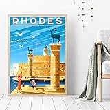 Rhodos Retro Tourist Landschaft Kunstdrucke auf Leinwand Meer Landschaft Poster für Heimtextilien 50x70cm Kein R