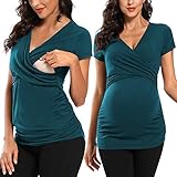 Love2Mi Damen Kurzarm Stillshirt Umstandsshirt V-Neck Nursing Tops Umstandsmode, Pfauenblau, XL