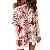 Yokbeer Weihnachtspullover Damen Weihnachtsjacquard Sweatshirt Pullover Lang Winter Strickpulli Langarm Rundhals Christmas Sweater (Color : White, Size : S)