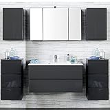 Badezimmer Set COMO-03, 4-teilig, Hochglanz grau, 100cm Waschtisch Badmöbel, Waschtisch, Badezimmermöbel, LED Spiegelschrank, Waschplatz, Badezimmerschränk
