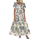 Lulupi Leinenkleid Lang Maxikleid Damen Boho Ärmellos/Lange ÄrmelVintage Geblümtes Übergröße Casual Kleid Elegante Freizeitk