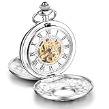 Unendlich U Fashion Retro Handaufzug Mechanische Taschenuhr Hohle Skelett Kettenuhr Doppel Sprungdeckel Pullover Halskette Silb