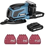 Akku Multischleifer, WESCO 18V 2.0Ah Akku Dreieckschleifer,13000 RPM, 12 Schleifblätter (60/80/120 Körnung) & 140x140x80mm Schleiffläche, mit Staubbehälter, Akku und Ladeg