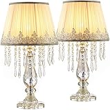 FFAN Moderne Nachttisch Kristall Tischlampe mit gerafften Stoff Lampenschirm Elegante Kristall Kronleuchter Nachttischlampe für Wohnzimmer Mädchen Zimmer 2er Set Dimmbar B 12,8'X H 22,8'