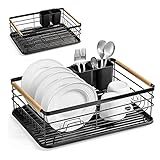 Geschirr Abtropfgestell mit Abtropfschale und Bestecksammler, Geschirrabtropfer Drip Schwarz mit Holzgriff, Metall Tellerhalter ständer mit Kunststoff Besteckhalter für Küchentheke, 43*30.5*14