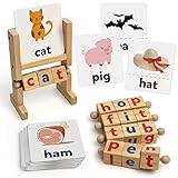 Coogam Farbblöcke Rechtschreibspiele, Karteikarten Holz Matching Letter Puzzle für Kinder, 2 in 1 Sehwörter Montessori Spinning Alphabet Manipulatives Lernspielzeug für Kleinkinder Jungen M