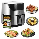 NUTRI-FRYER Heißluftfritteuse XXL Edelstahl [2000W] 🔥Power Airfryer 5L Groß - Filter Cool Touch, Digital Touchscreen Timer | Pommes Fritteuse ohne Fett & Öl | Pizzablech + Barrel + Rezeptb