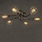 NCHEOI Klassische antike Messing 6 leichte Drahtschutz Semi-Flush-Deckenleuchte Runde Eisen-Wasser-Rohr-Deckenleuchte Retro-Industrie for Friseur-Shop-Café-Barn-Lag