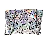 Mega Damen Holographic Handtasche Hologramm Umhängetasche Karierte Abendtasche für Party mit Kette (Silber)