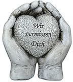 dekojohnson Grabschmuck wetterfest Grabstein Herz in Händen aus Poly Dekostein mit Spruch Wir vermissen Dich Gedenken Gedenkstein liebevolle Grabdekoration antik grau 10