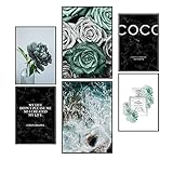 Postertech® Premium Poster (6er Set) | Poster Set Coco türkis | 2X DIN A3 & 4X DIN A4 | stilvolle Wanddeko | Rosen türkis weiss schwarz modern | Ohne R