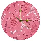 Yoliveya Runde Wanduhr Stille Frankreich Paris Eiffelturm Rosa Dekorative Nicht tickende leise Uhr für Geschenk Home Office Küche Kinderzimmer Wohnzimmer Schlafzimmer 25
