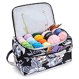 KALIDI Garnaufbewahrung Stricktasche Garn Wolle Häkelnadel Zubehör Organizer Halter Leicht mit Griff Gurt (Schwarze Blume)