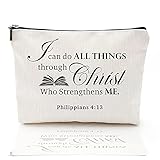 Kosmetiktasche mit inspirierendem Spruch 'I Can Do All Things Through Christ Who Strengthens Me' Make-up-Tasche, wasserdicht, Leinen, Reisezubehör, Kulturbeutel, Geschenk für Oma Mutter F