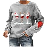 Overdose Damen Merry Christmas Tops Modisches Sexy Oberteile Schulterfreies Tunika Langarm-Top T-Shirts mit V-Ausschnitt Hemd Weihnachtsdruck Sw