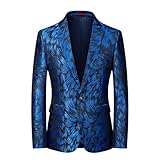 Herren-Blazer mit Blumenmuster, schmale Passform, Revers, für Party, Abschlussball, blau, 44