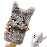 Artfeel Weich Plüsch Hülle für Samsung Galaxy A42 5G,Niedlich Pelzig 3D Katze Ohren Winter Warm Handyhülle Süß Flauschige Haar Karikatur Tier Ständer Schutzhülle für Mädchen Frauen,G