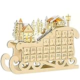 HOMCOM Adventskalender zum Befüllen 24 Schubladen Fächer Weihnachtskalender mit LED-Lichtern Schlitten-Form Adventskalenderbox Weihnachtsdekoration DIY Sperrholz-Platte Naturholz 45 x 10 x 31