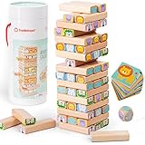 TOP BRIGHT Afrika-Safari Bauklotz-Turm – 4-in-1 Stapel-Gesellschaftsspiel mit Bauklötze, Karten, Bauanleitung, Würfel – Familien-Spiel für Lernen mit Spaß rund um Tiere für Kinder ab 3 J