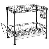 SONGMICS Abtropfgestell für Geschirr, Geschirrabtropfer mit 2 Ebenen, mit Besteckhalter, Schneidebretthalter, Abtropfschale, bis zu 40 kg belastbar, schwarz LGR030B01