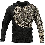LIKEDA Erwachsene Hoodie Tattoos Cool Hooded Trendy Geschenk, Maori-Stamm Stil 3D Gedruckte Grafik Neuheit Pullover Sweatshirt,Brown Zipper,XXS