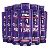 L'Oréal Paris Elvital Shampoo für blondes, gesträhntes, graues Haar, Neutralisiert Gelbtöne, Color Glanz Purple Silbershampoo für Anti-Gelbstich, 6 x 200