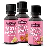 GymQueen Tasty Drops 3x30ml, Kalorienfreie, Zuckerfreie und Fettfreie Flavour Drops, Aroma Tropfen zum Süßen von Lebensmitteln, Geschmackstropfen ohne Künstliche Farbstoffe, Topseller 3