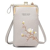 HAIWILL Kleine Handy Umhängetasche Damen Blumenmuster Handytasche zum Uumhängen Leder Geldbeutel Crossbody Handy Tasche Handtaschen für iPhone 12/12 Pro/11/XR/Xs, Handy bis zu 6.5'' (Grau)