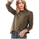 Pullover Damen Winter Strickpullover Einfarbig Pulli mit Button Langarm Warm Strickoberteile Basic Rundhals Elegant Casual Jumper Pullover Oversize Lässige Lose Langarmshirts Longpullover Tunika Top