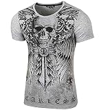 Baxboy Herren Vintage Totenkopf Kurzarm T-Shirt mit Strass Steinen Slim Fit Design Fashion Top Print Shirt JA-2314, Farbe:Grau, Größe:L