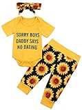 Huyghdfb Newborn Infant Baby Girl Pants Set Sorry Boys Daddy SAYS NO Dating Outfit Romper + Sunflower Print Pants with Headband (Yellow, 18-24Months)