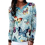 Zldhxyf Damen Casual Fashion Schmetterling Print V-Ausschnitt Langarm-Ob