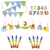 Goki-Set Boy Geburtstagszug Holz // mit Zahlen von 1-10 // 10 x Handbemalte Kerzen 10 cm // Doppelseitige Wimpelkette 220 cm Tex