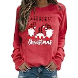 Reasoncool Damen Langarm Rundhals Weihnachtsmann-Druck Sweatshirt Warmer Plüschpullover Casual T-Shirt Oberteil Sport Loose Gestrickter Pullover Laufshirt Basic Herbst Und Winter H