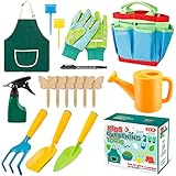 Vorsee Kinder Gartengeräte Set, 17 teiliges Gartenwerkzeug Kit mit Gießkanne kinderschürze Schaufel Rechen Gabel Handschuhe und Tasche Gartenarbeit Gartenspielzeug für Kinder Junge M
