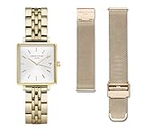 Rosefield Geschenkset The Boxy Armbanduhr Weißes Ziffernblatt Strahlenmuster Gold mit 2 Armbändern in Gold - BMWMG-X240